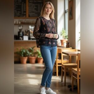 ZARA Black Sheer Women's Top with colorful embroidery and beading, S